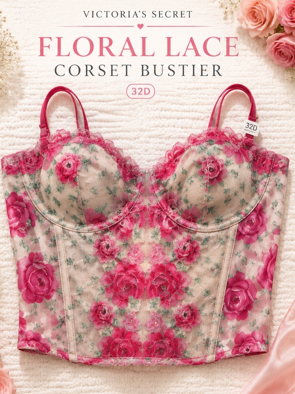 Victoria’s Secret Floral Lace Corset Bustier Top 32D NWT